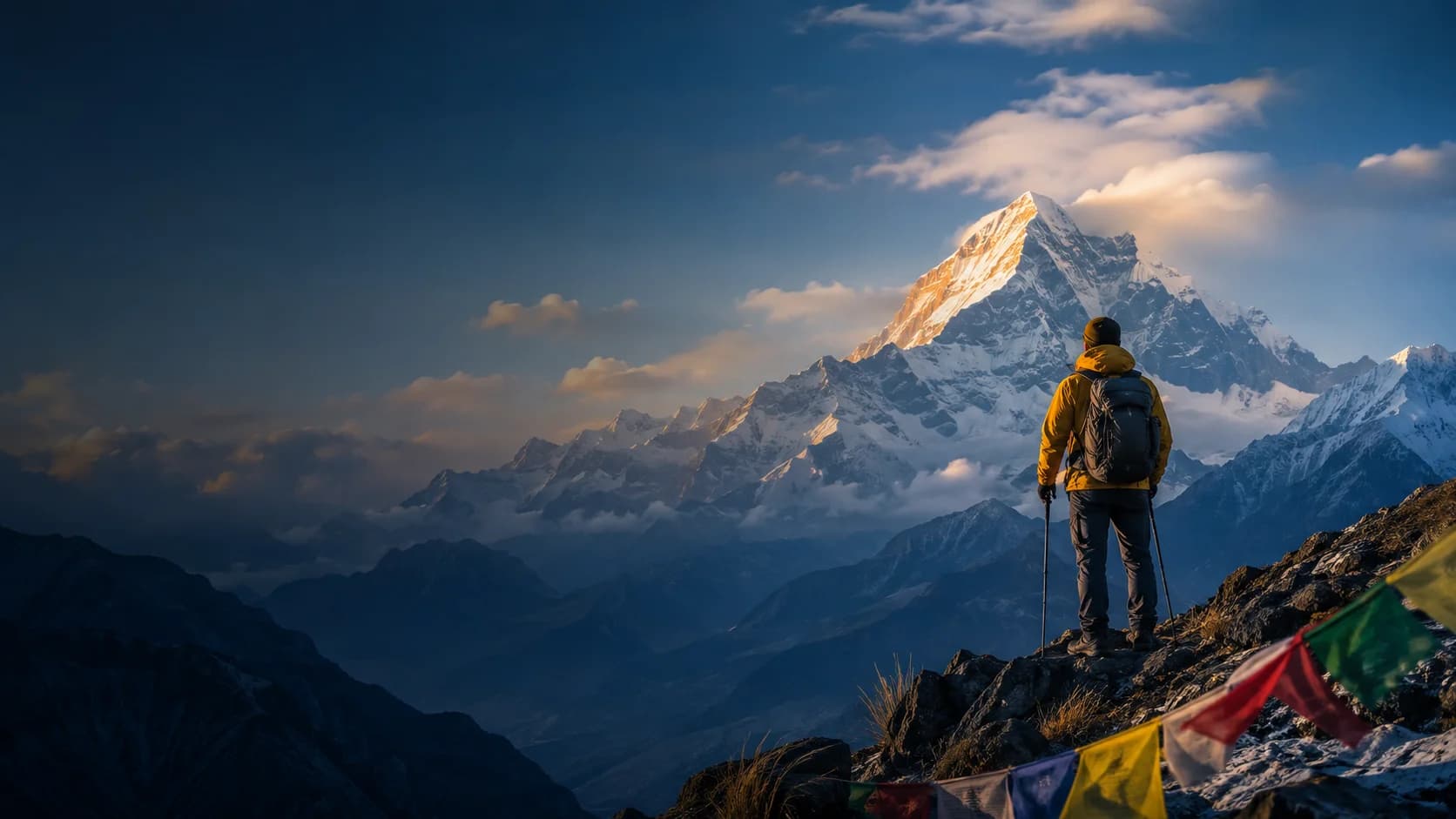 Illustration of a trekker looking toward sunlit Himalayan peaks