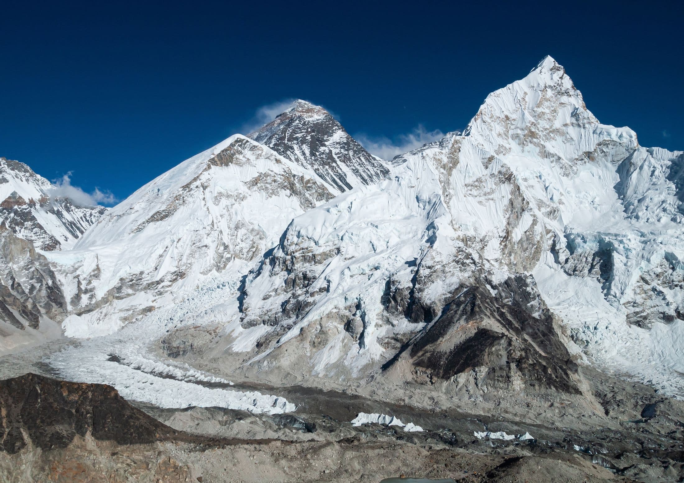 Everest and Nuptse rising above the Khumbu Glacier